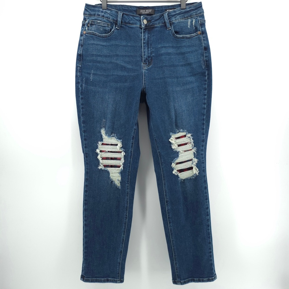 Judy Blue Womens Jeans Boyfriend Fit 16W Blue Distressed Plaid Patch JB88706